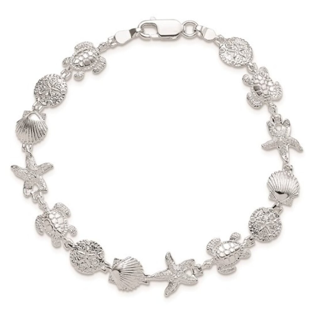 925 Sterling Silver Sea Life 7.25 Bracelet Sea Shell Turtle Star Sand dollar cha